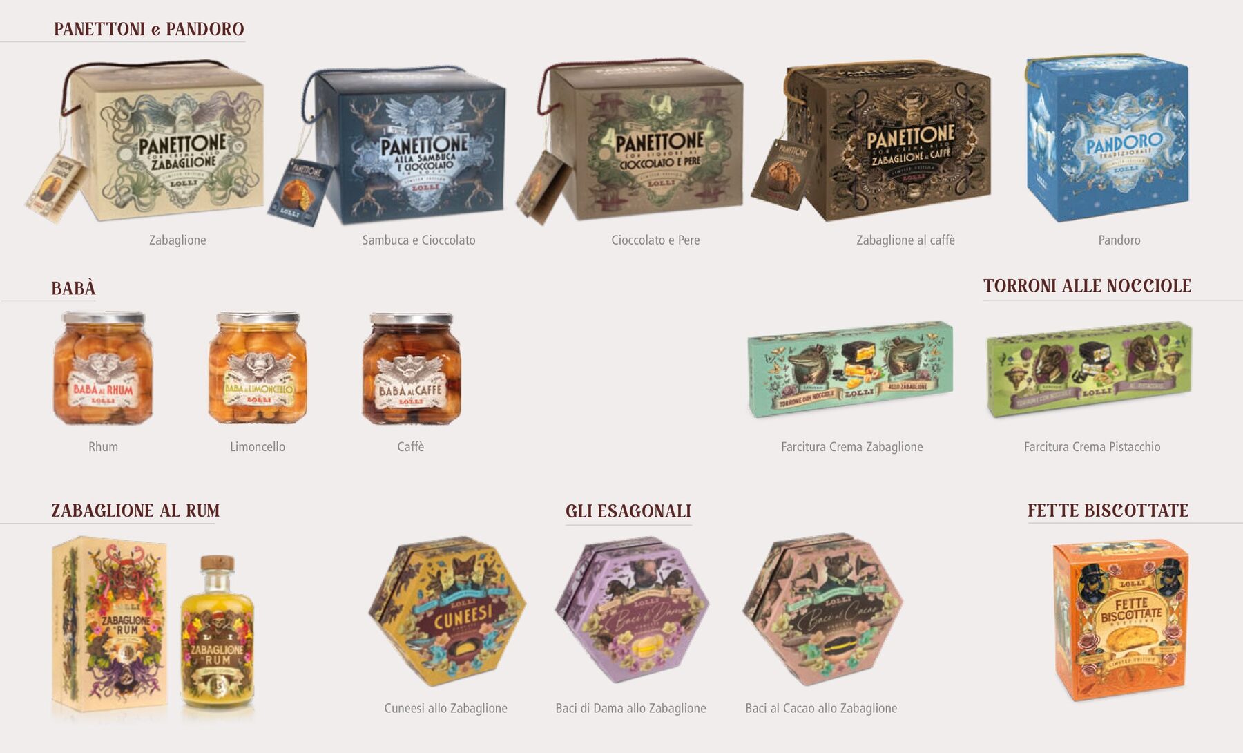 Panettoni e Pandoro · Babà · Torroni · Esagonali · Fette biscottate
